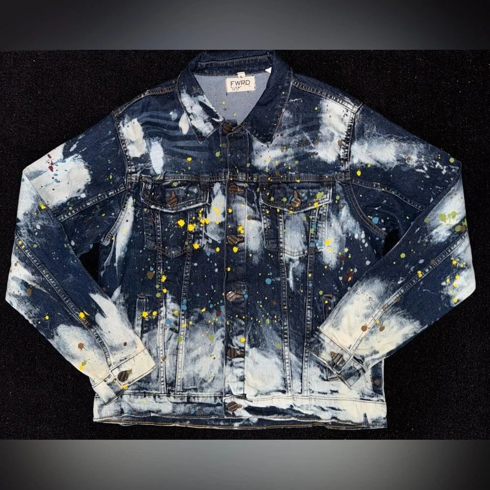 FWRD  Men’s Denim Set Bleached Splattered Paint Denim Jean Jacket W/ Pants